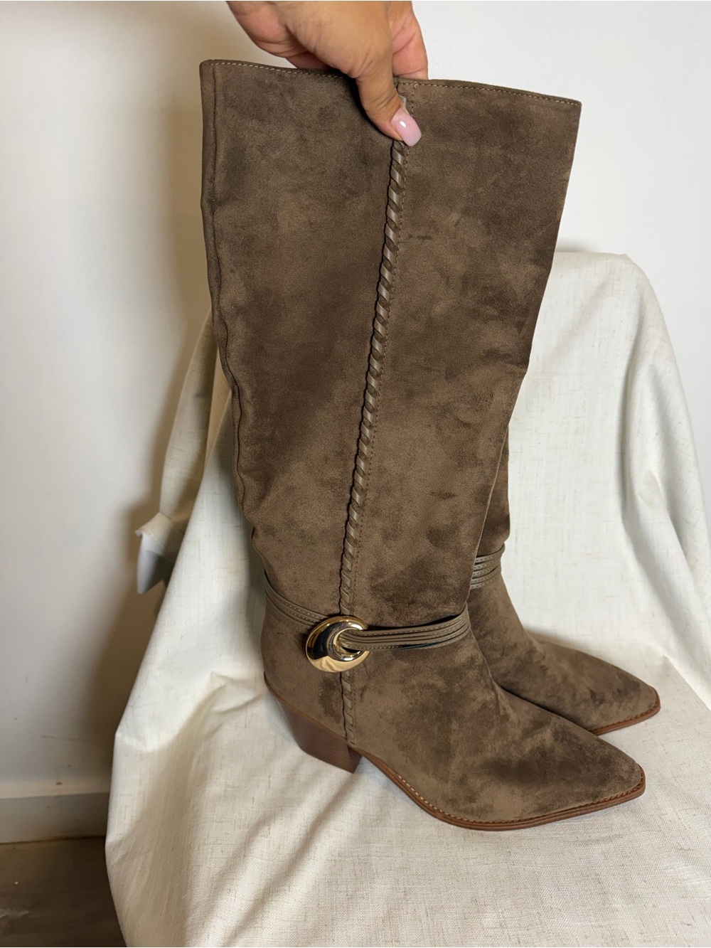 Universal Thread Taupe Suede Mid-Calf Heeled Boots with Decorative Buckle